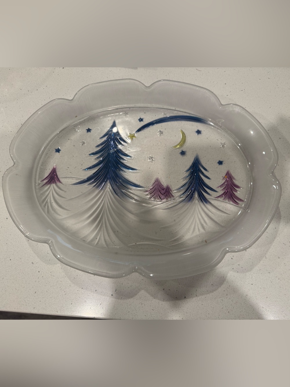 Mikasa Decorative Glass Serving Platter with Blue and Purple Tree Design 16”x12”